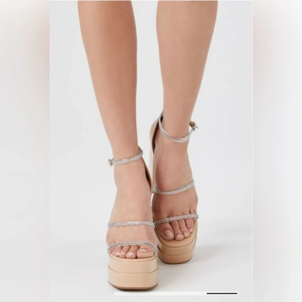 Forever 21 Rhinestone Stacked Ultra High Block‎ Heels Sz 6.5 Square Toe Cream